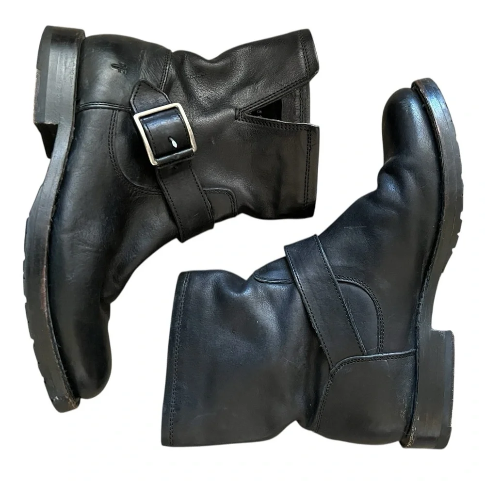 Frye Natalie short engineer black leather ankle boots with silver hardware